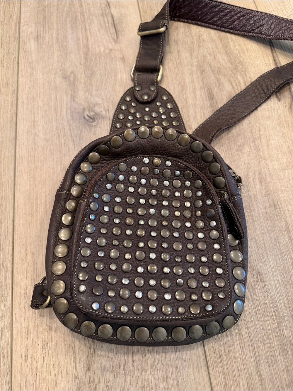 Studded Brown Leather Crossbody Sling Bag